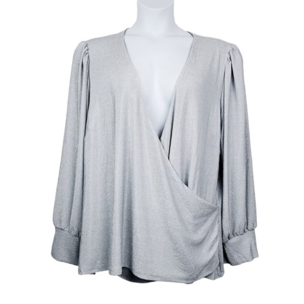 City Chic Womens Glowing Long Sleeve Silver Shimmer V-Neck Top Size 24 NWT